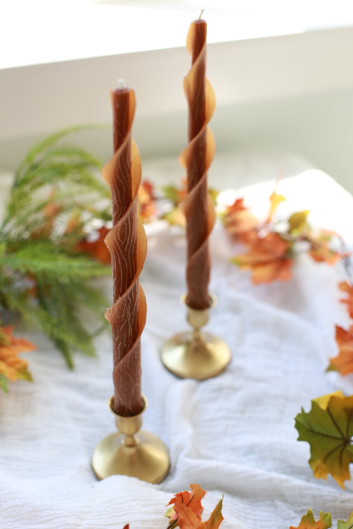 Mahogany Faux Bois Double Spirals Beeswax Candles