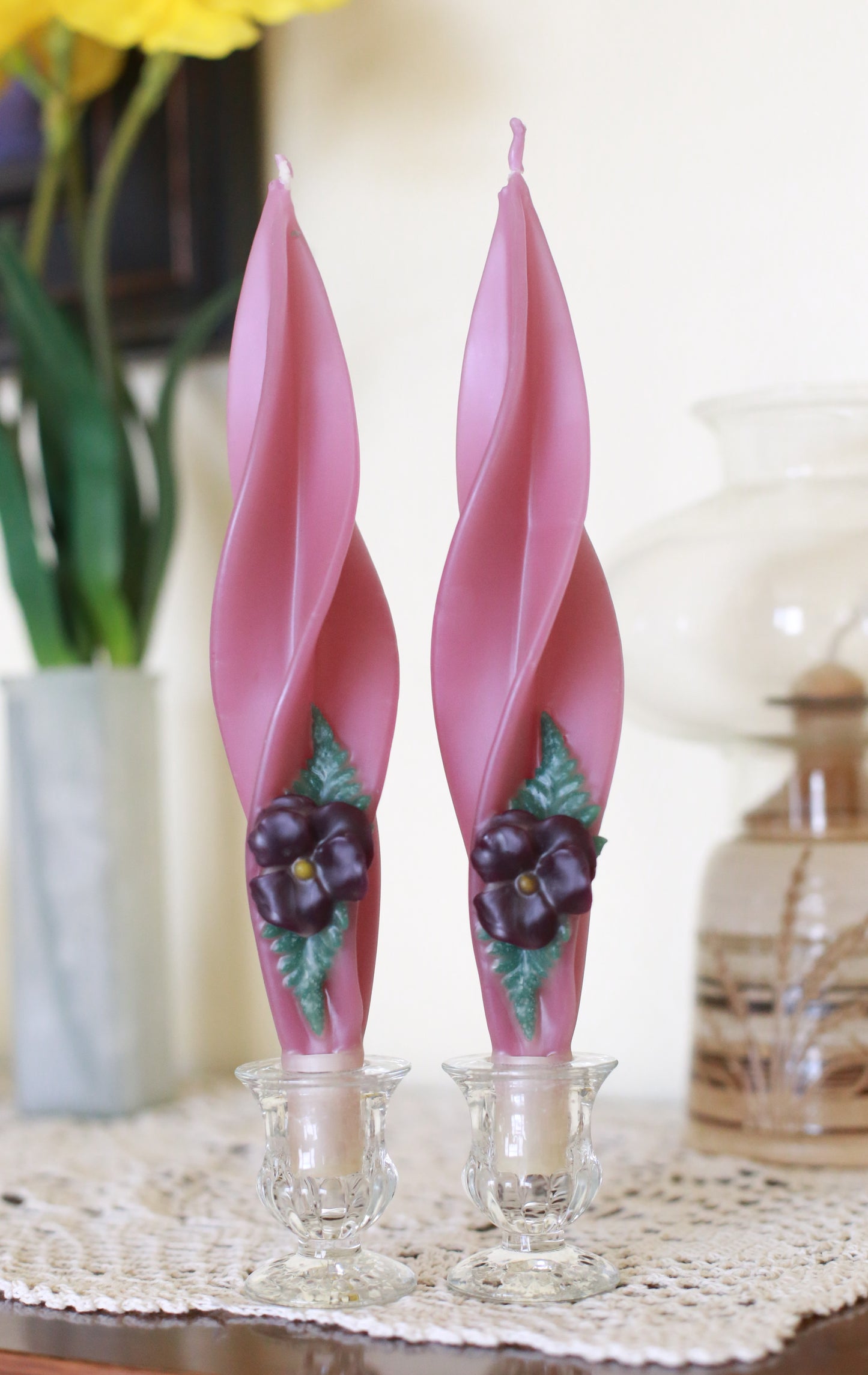 Purple Pansy on Lavender Silhouette Beeswax Candles