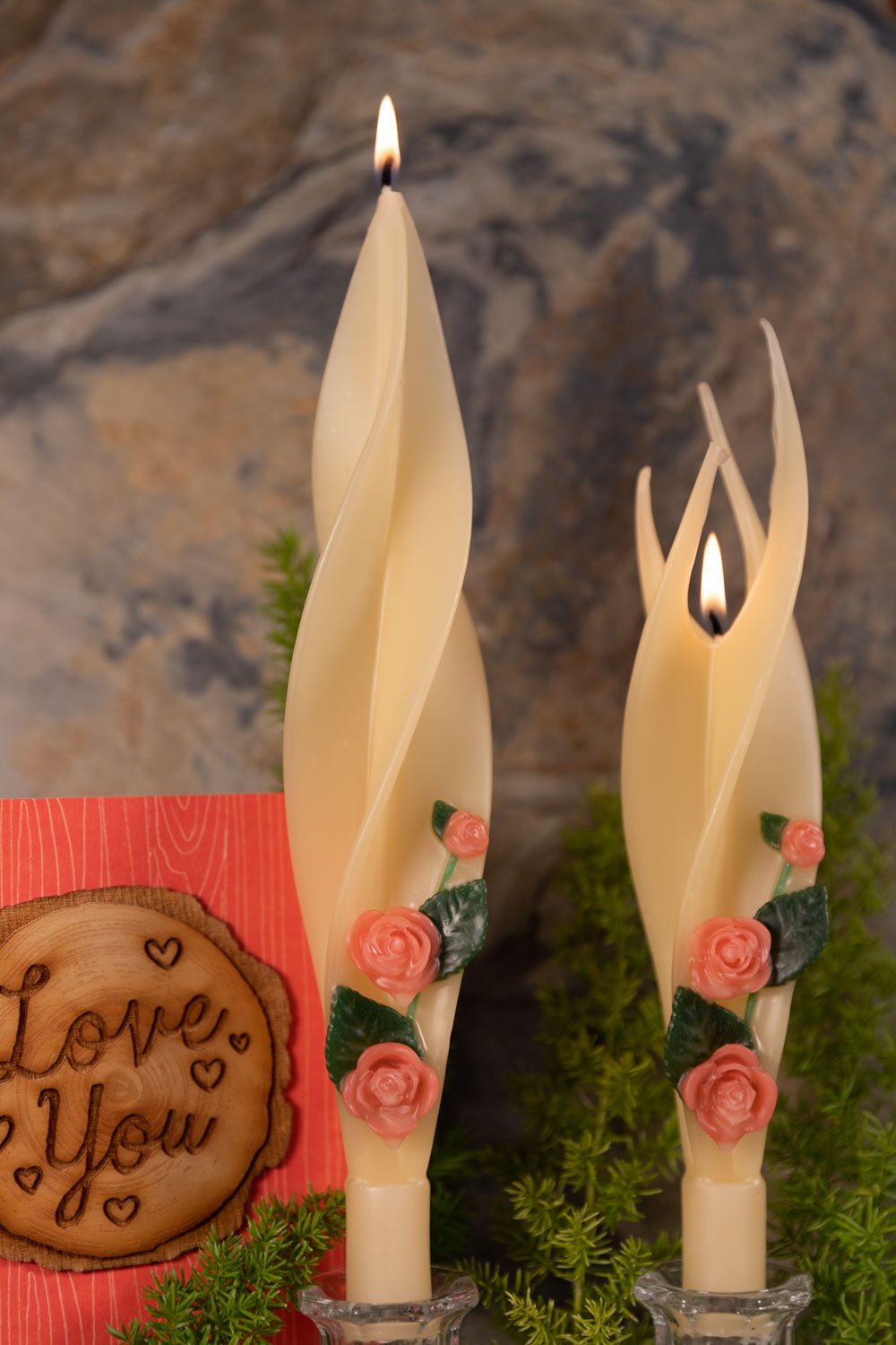 Pink Roses with Green Leaves on Ivory Silhouette Beeswax Candles