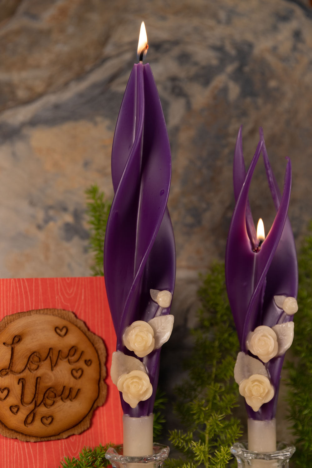 Ivory Roses on Purple Silhouette Beeswax Candles