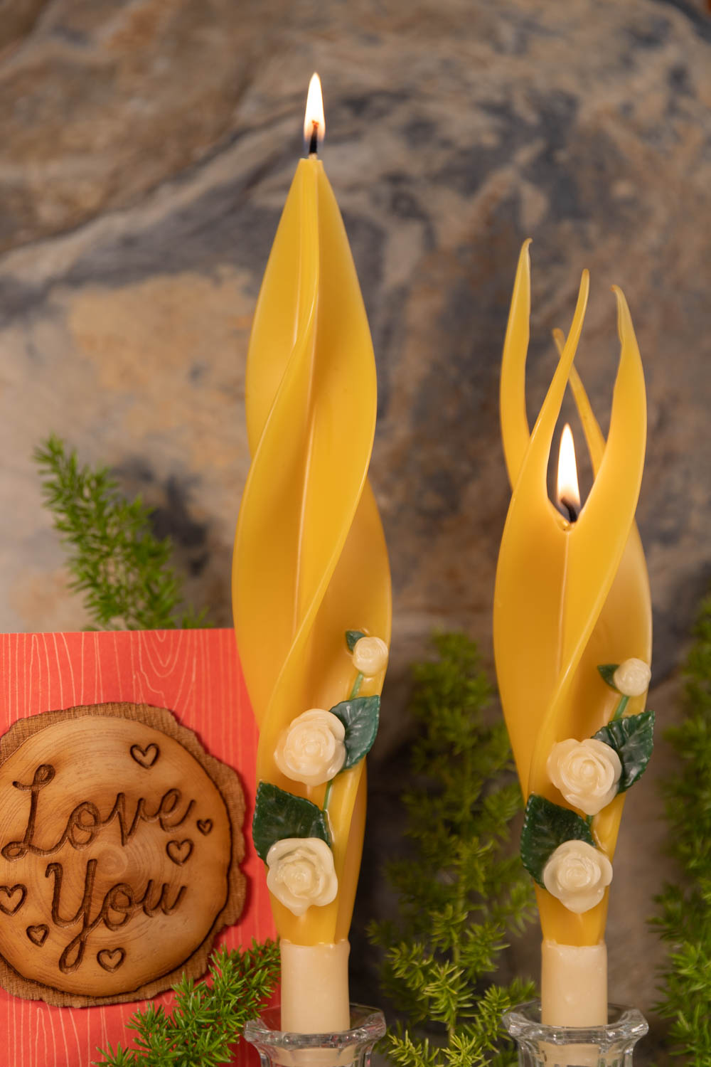 Ivory Roses on Yellow Silhouette Beeswax Candles