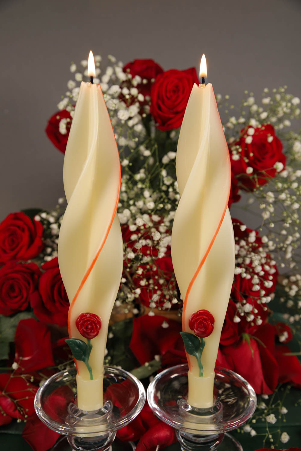 Red Rose with Stem on Ivory Silhouette Beeswax Candles