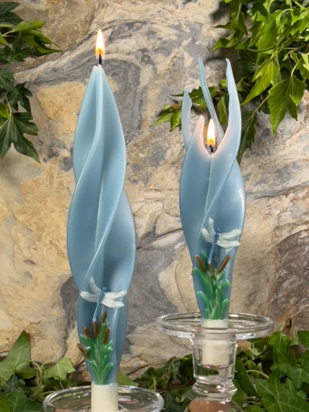 Light blue dragonfly silhouette beeswax candles