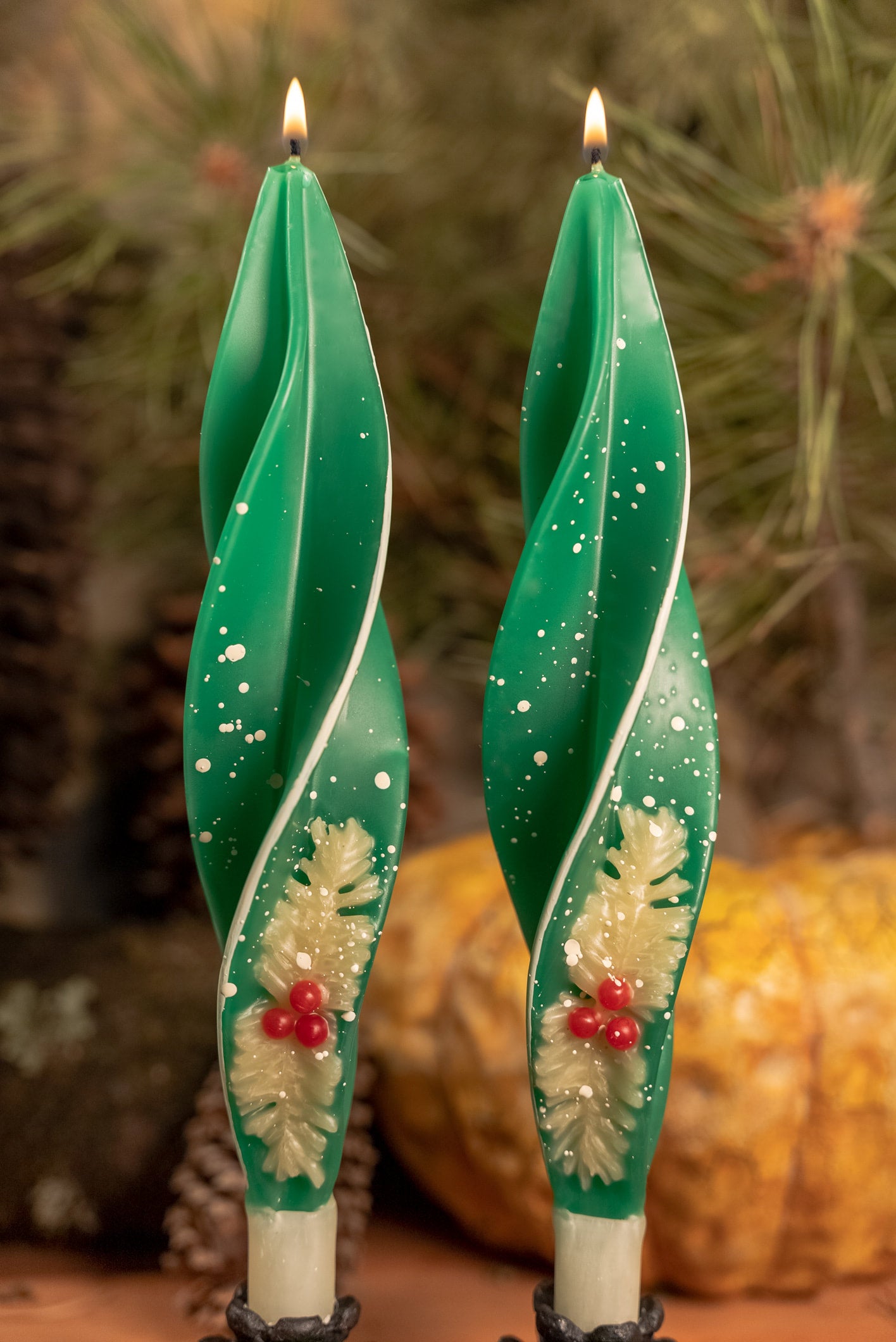 Green Holly Silhouette Beeswax Candles