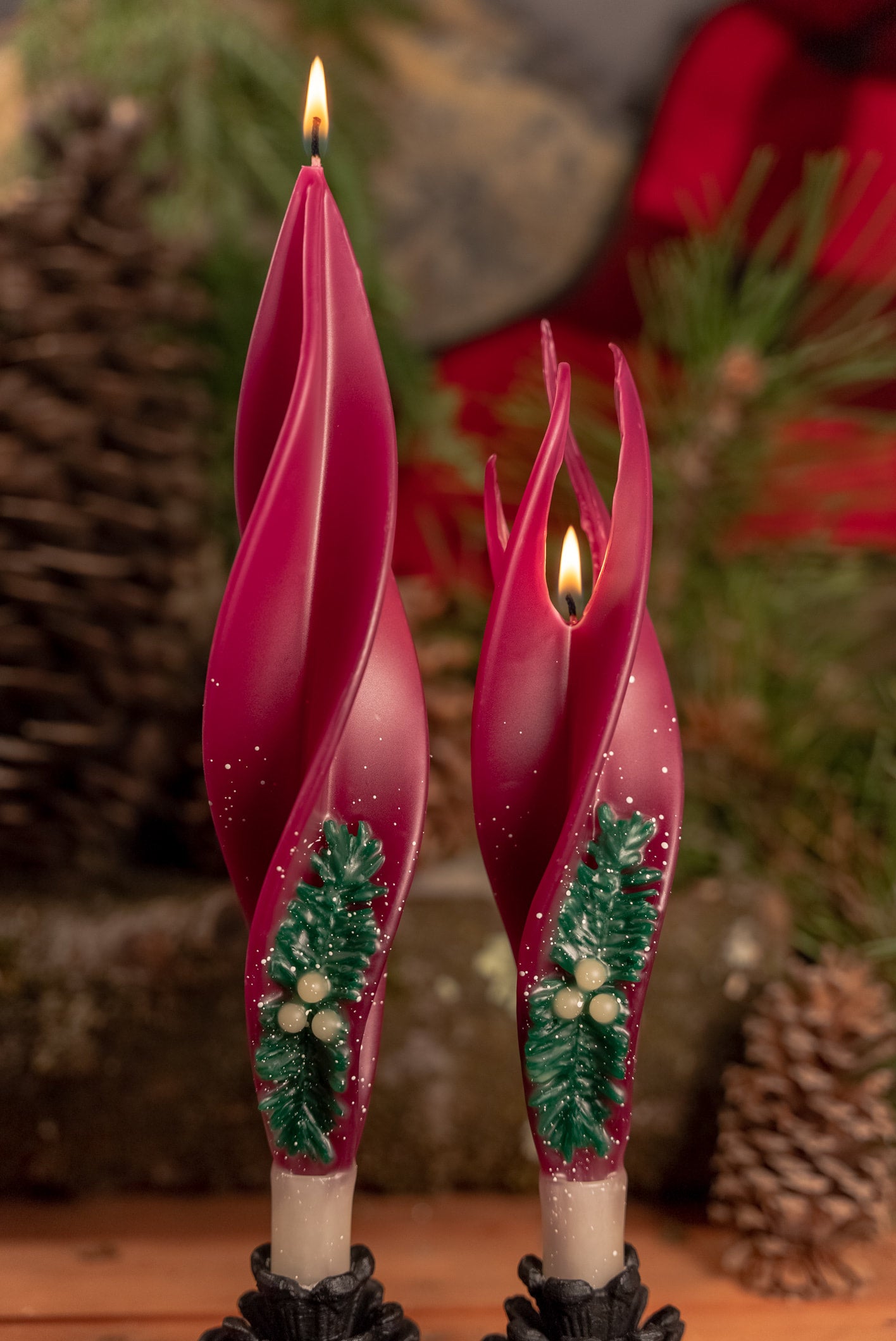 Burgundy Holly with Snow Silhouette Beeswax Candles