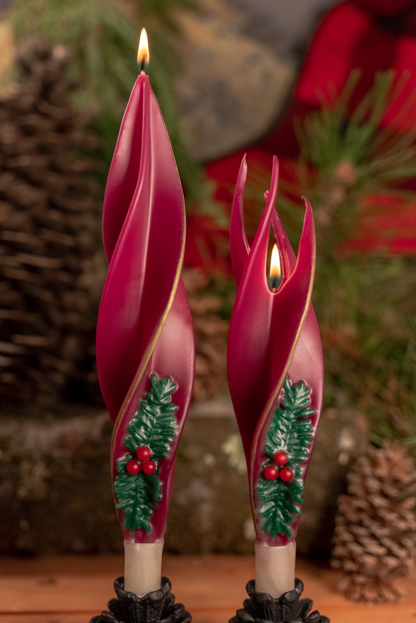 Burgundy Holly with Gold Edge Silhouette Beeswax Candles