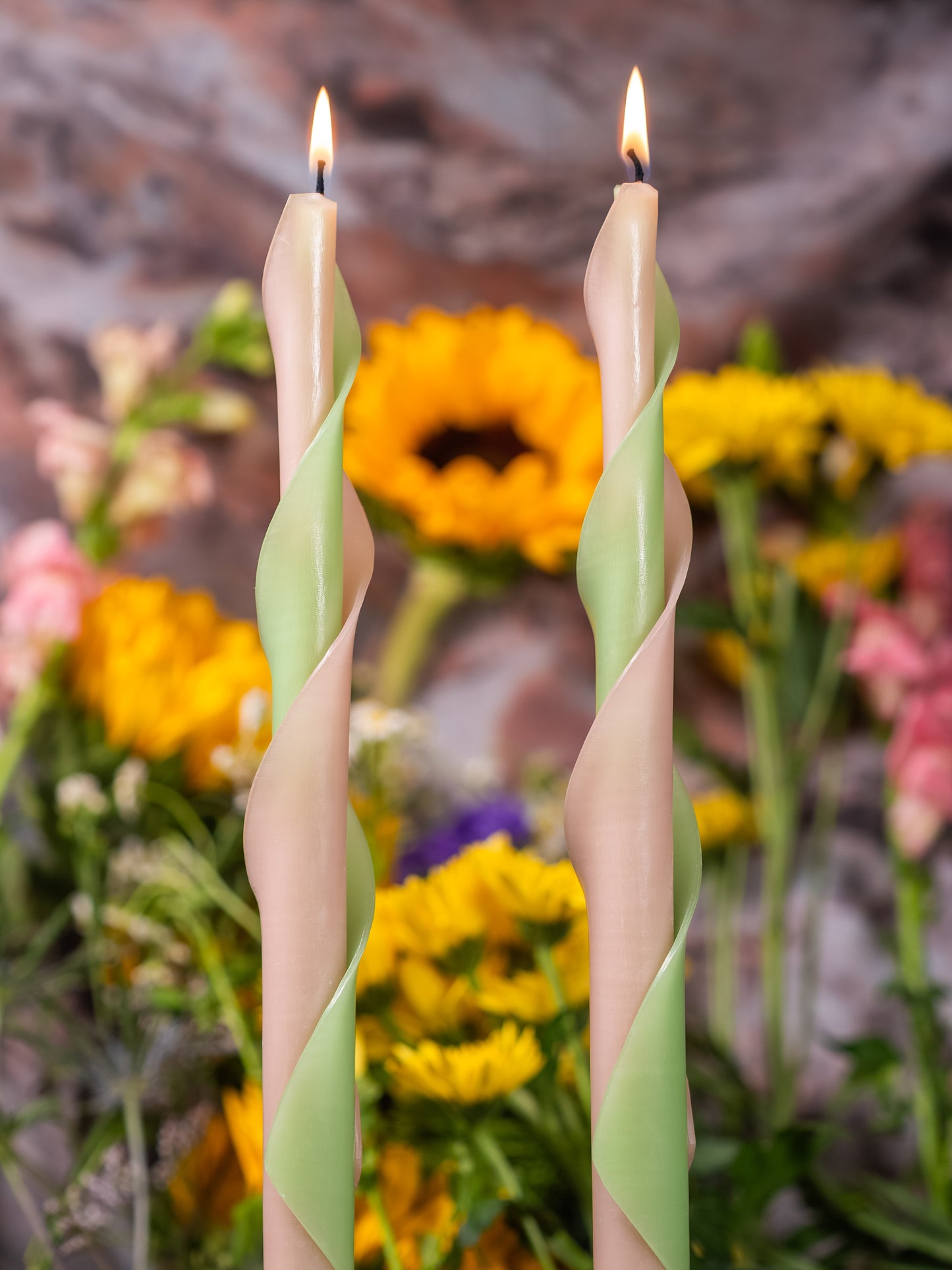 Pink & Light Green Double Spiral Beeswax Candles