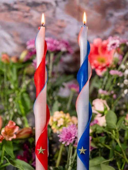 Patriotic red white and blue spiral beeswax candles