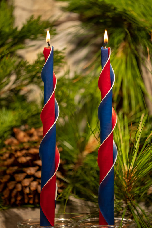 Double Spiral Beeswax Candles - Red, White, Blue with White Edge