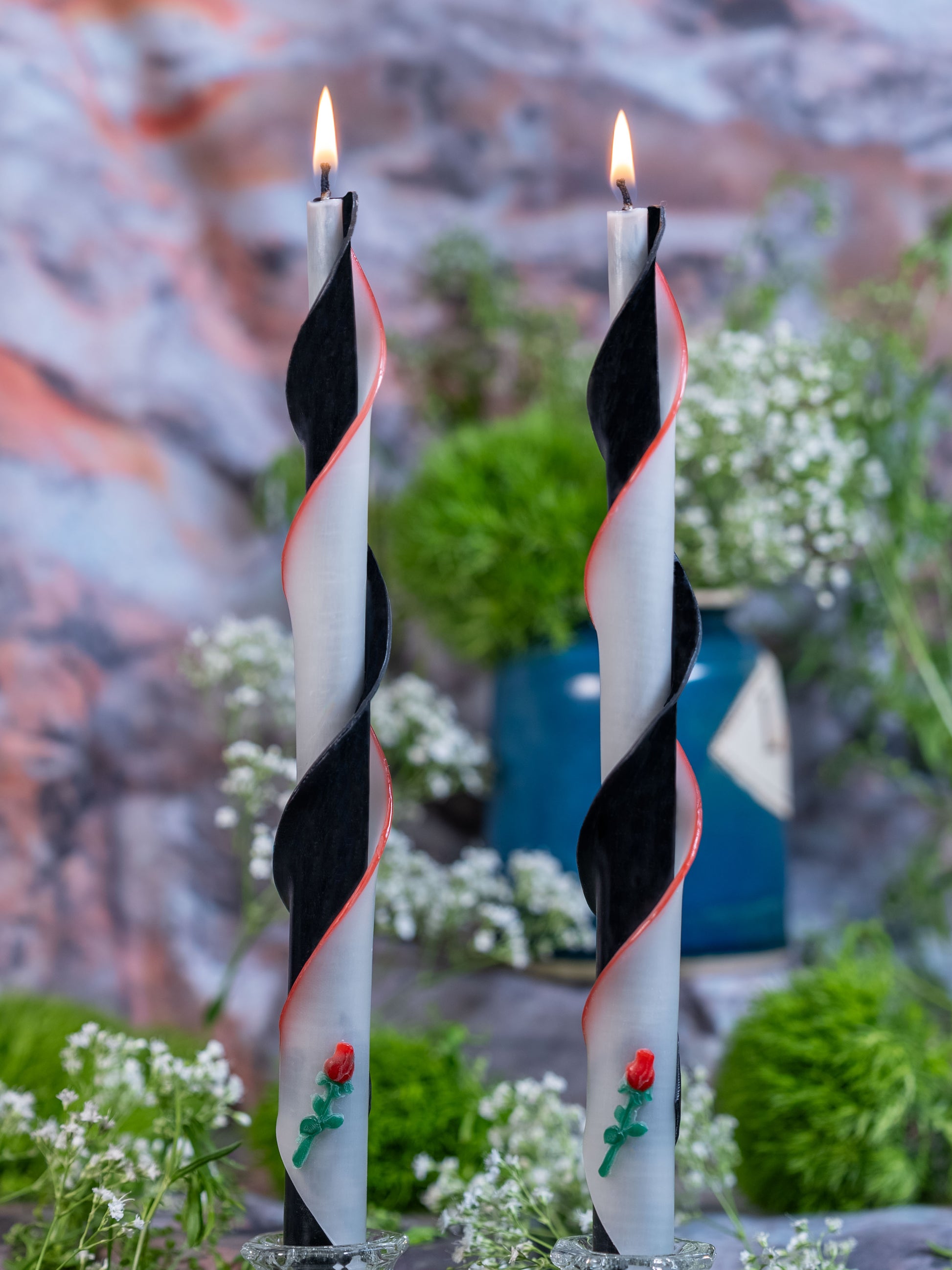 Rose on Ivory & Black Double Spiral with Red Edge
